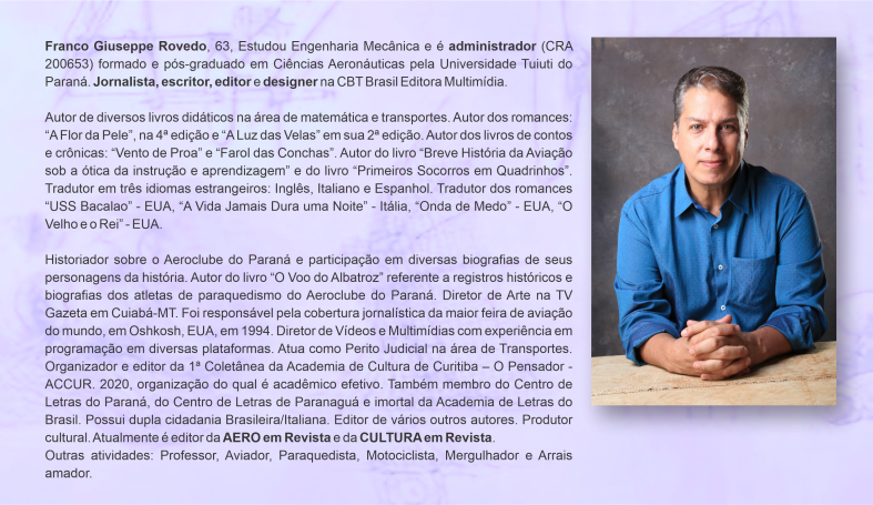 Franco G. Rovedo, Jornalista, Editor, designer, administrador, paraquedista, aviador, piloto, diagramador, tradutor, perito, aeroclube do paraná, produtor, cultural, multimídia, acadêmico, imortal, engenharia, tuiuti, cientista, aeronáutico.